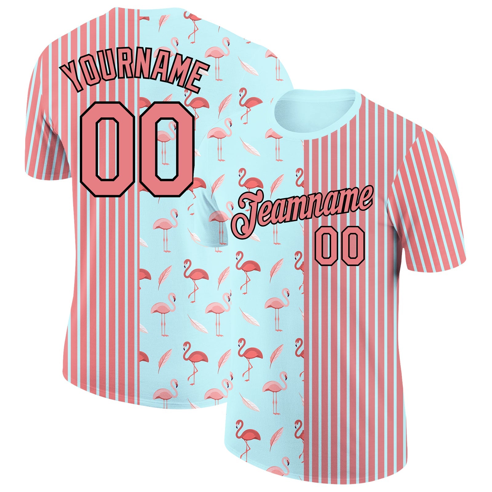 Custom Medium Pink Ice Blue-Black 3D Pattern Design Animal Flamingo Performance T-Shirt - Main View