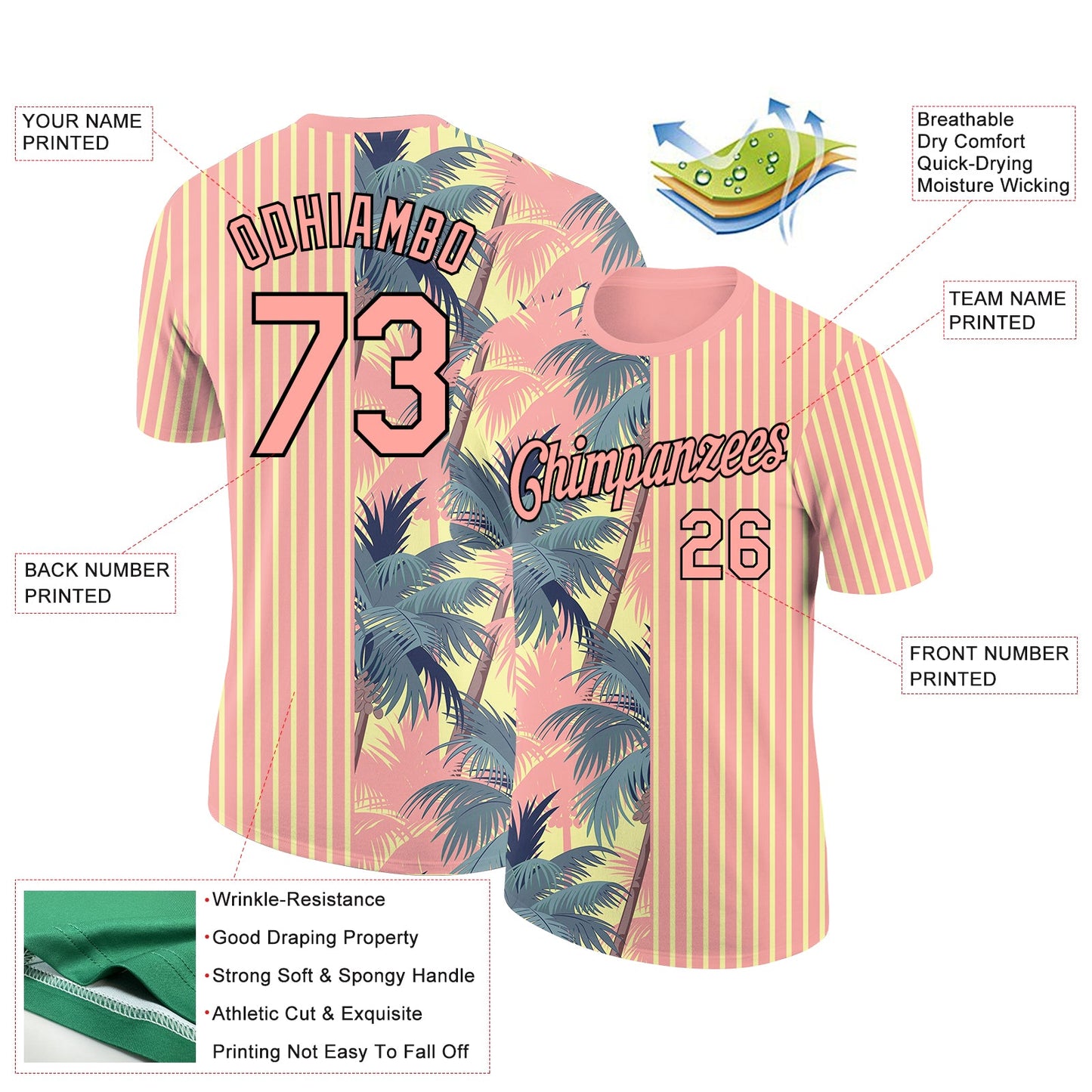 Custom Medium Pink Light Yellow-Black 3D Tropical Hawaii Trees Performance T-Shirt view 2