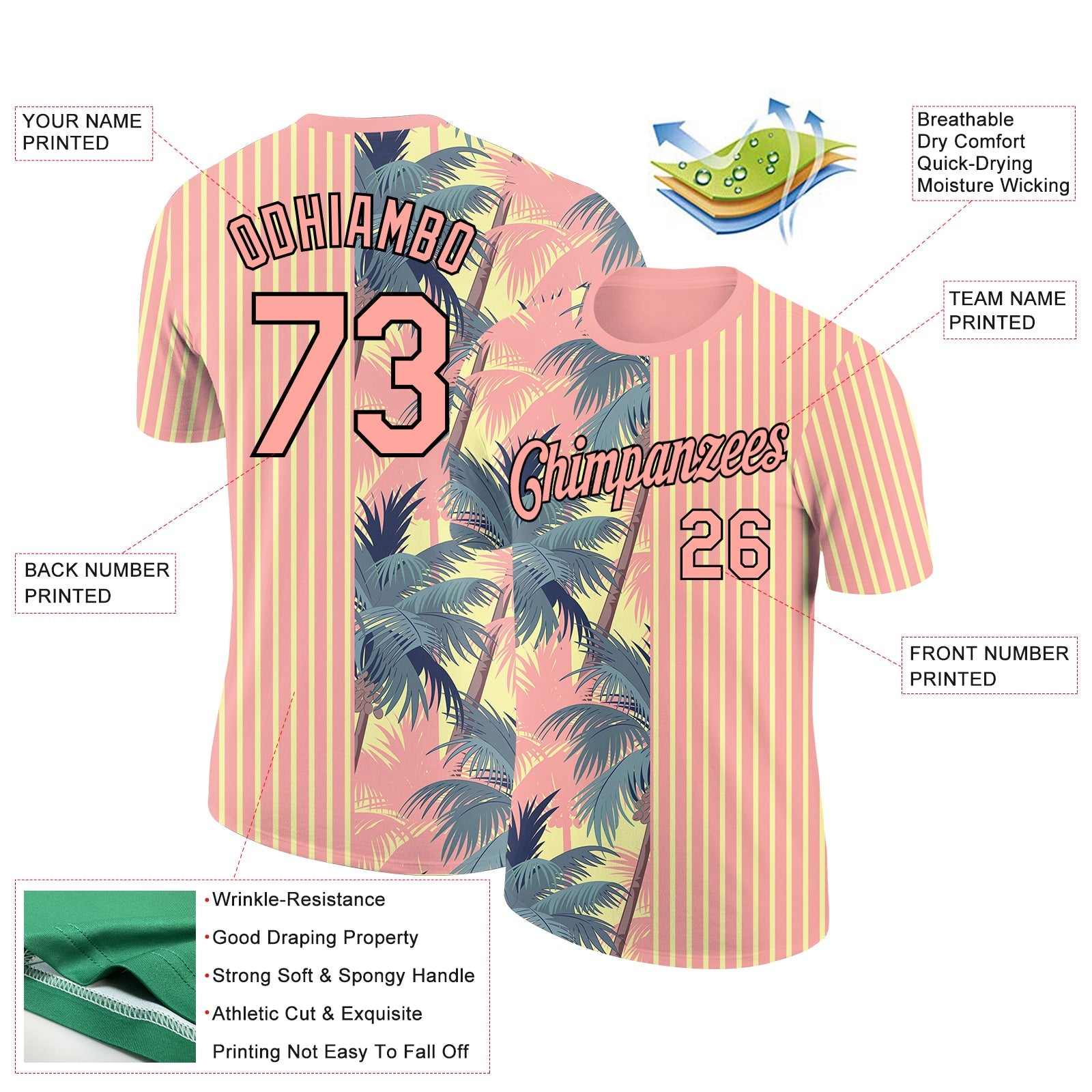 Custom Medium Pink Light Yellow-Black 3D Tropical Hawaii Trees Performance T-Shirt view 2