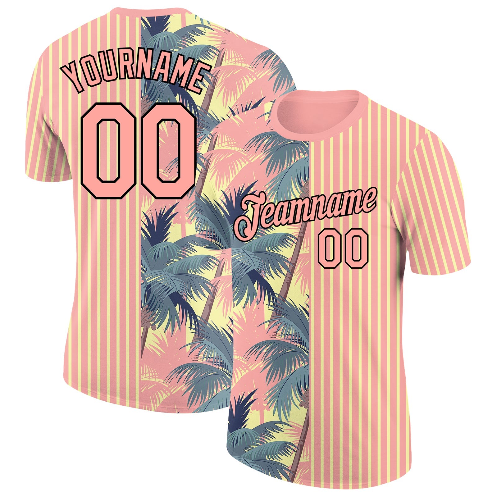 Custom Medium Pink Light Yellow-Black 3D Tropical Hawaii Trees Performance T-Shirt - Main View