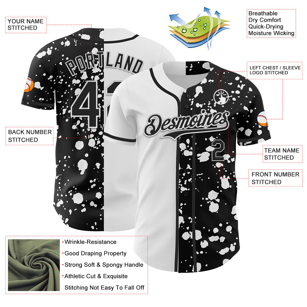 Custom Black White 3D Pattern Design Rave Splash Authentic Baseball Jersey view 3