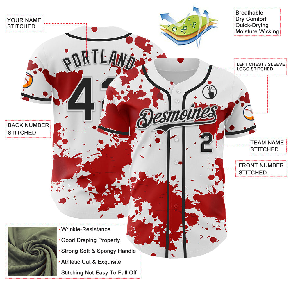 Custom White Black-Red 3D Pattern Design Rave Splash Authentic Baseball Jersey view 3