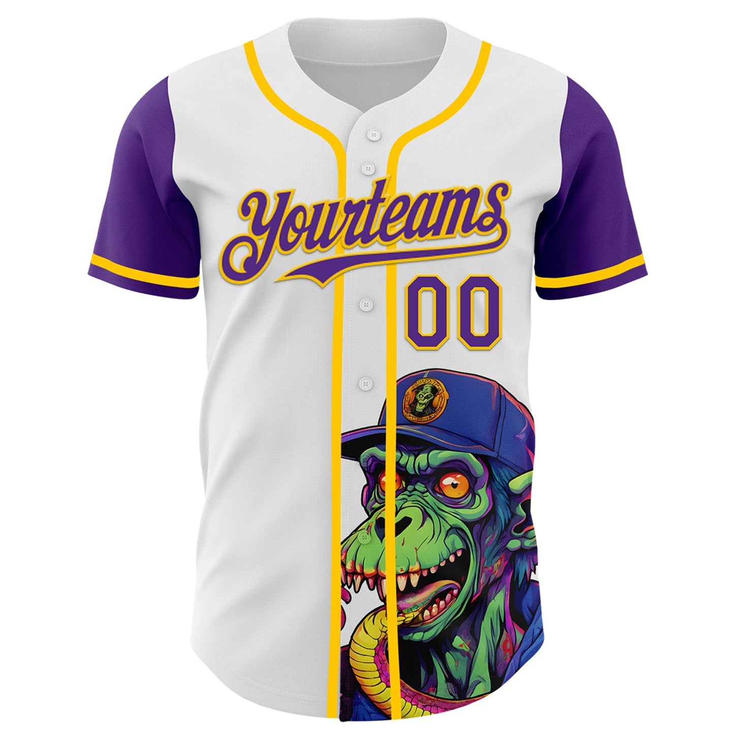 Custom White Purple-Yellow 3D Pattern Design Rave Monster Authentic Baseball Jersey view 2