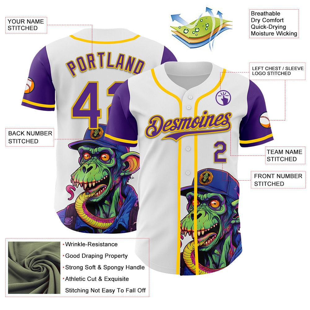 Custom White Purple-Yellow 3D Pattern Design Rave Monster Authentic Baseball Jersey view 3