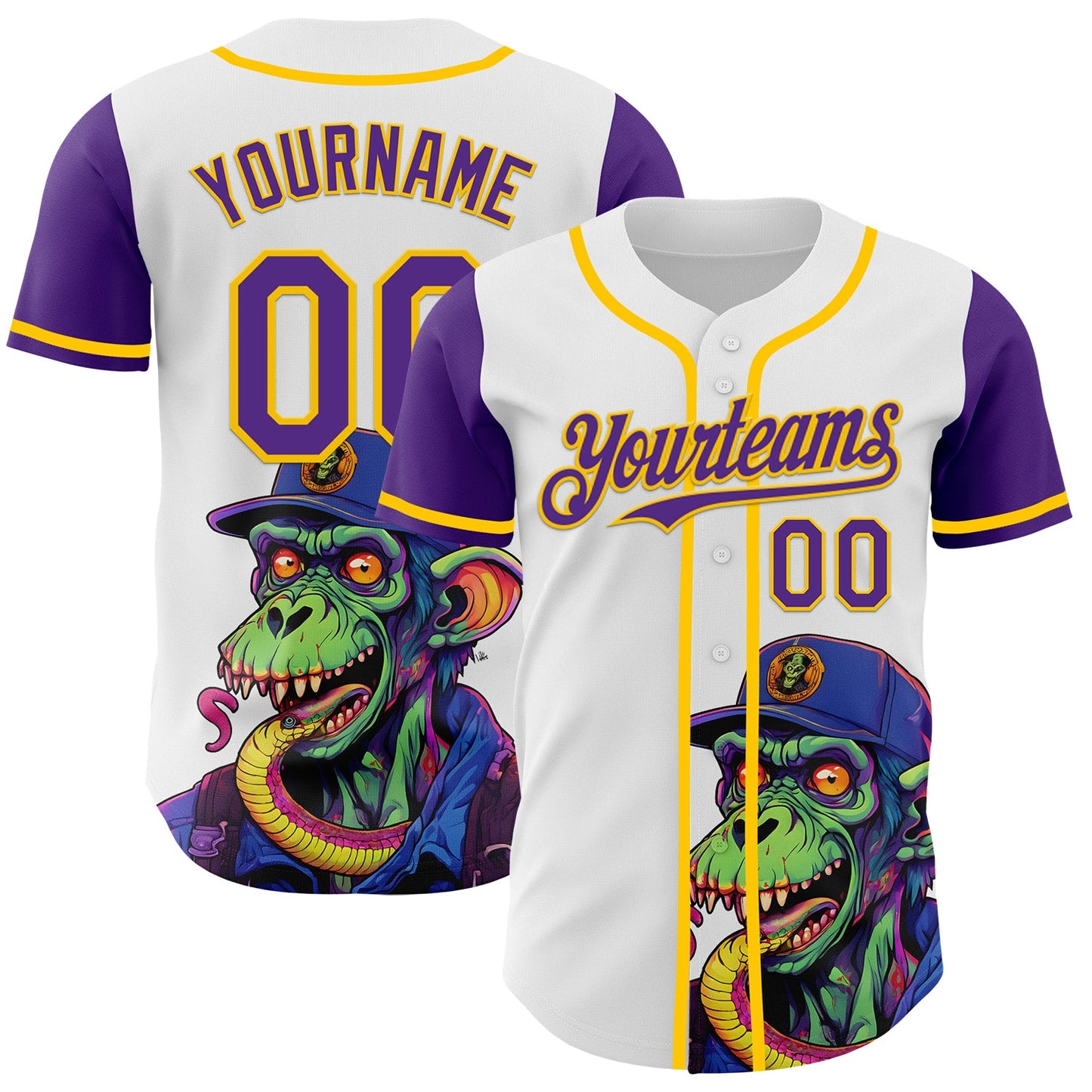 Custom White Purple-Yellow 3D Pattern Design Rave Monster Authentic Baseball Jersey - Main View