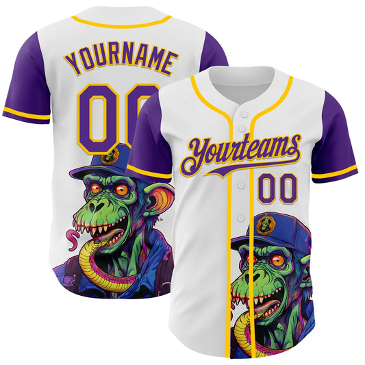 Custom White Purple-Yellow 3D Pattern Design Rave Monster Authentic Baseball Jersey - Main View