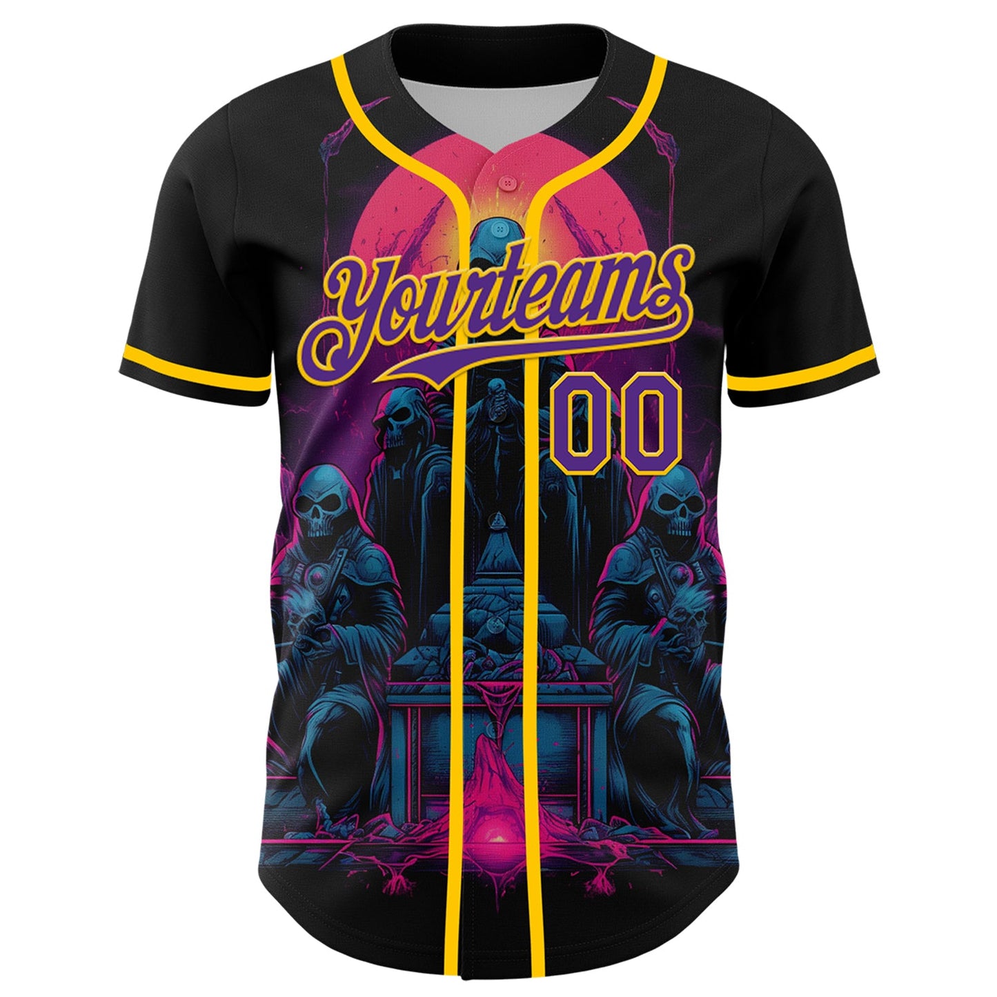 Custom Black Purple-Yellow 3D Pattern Design Rave Skull Authentic Baseball Jersey view 2