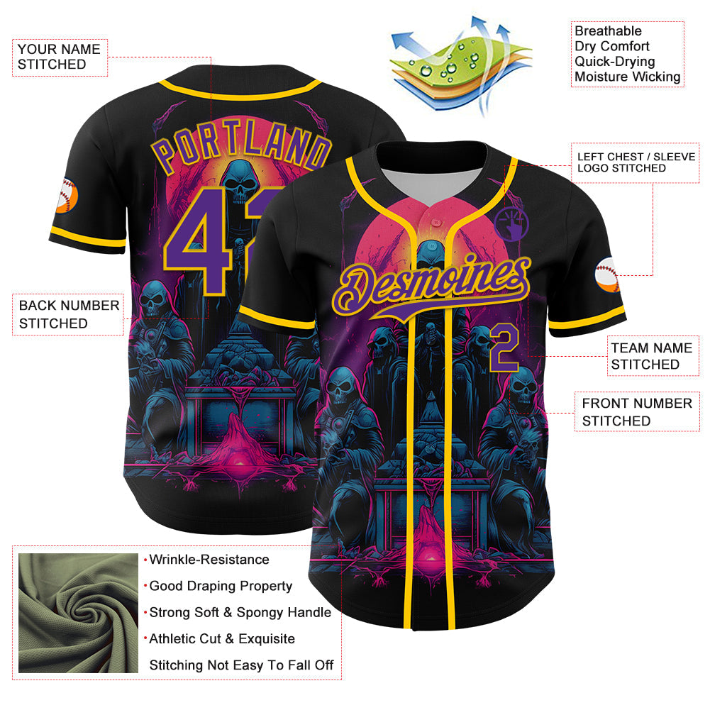 Custom Black Purple-Yellow 3D Pattern Design Rave Skull Authentic Baseball Jersey view 3