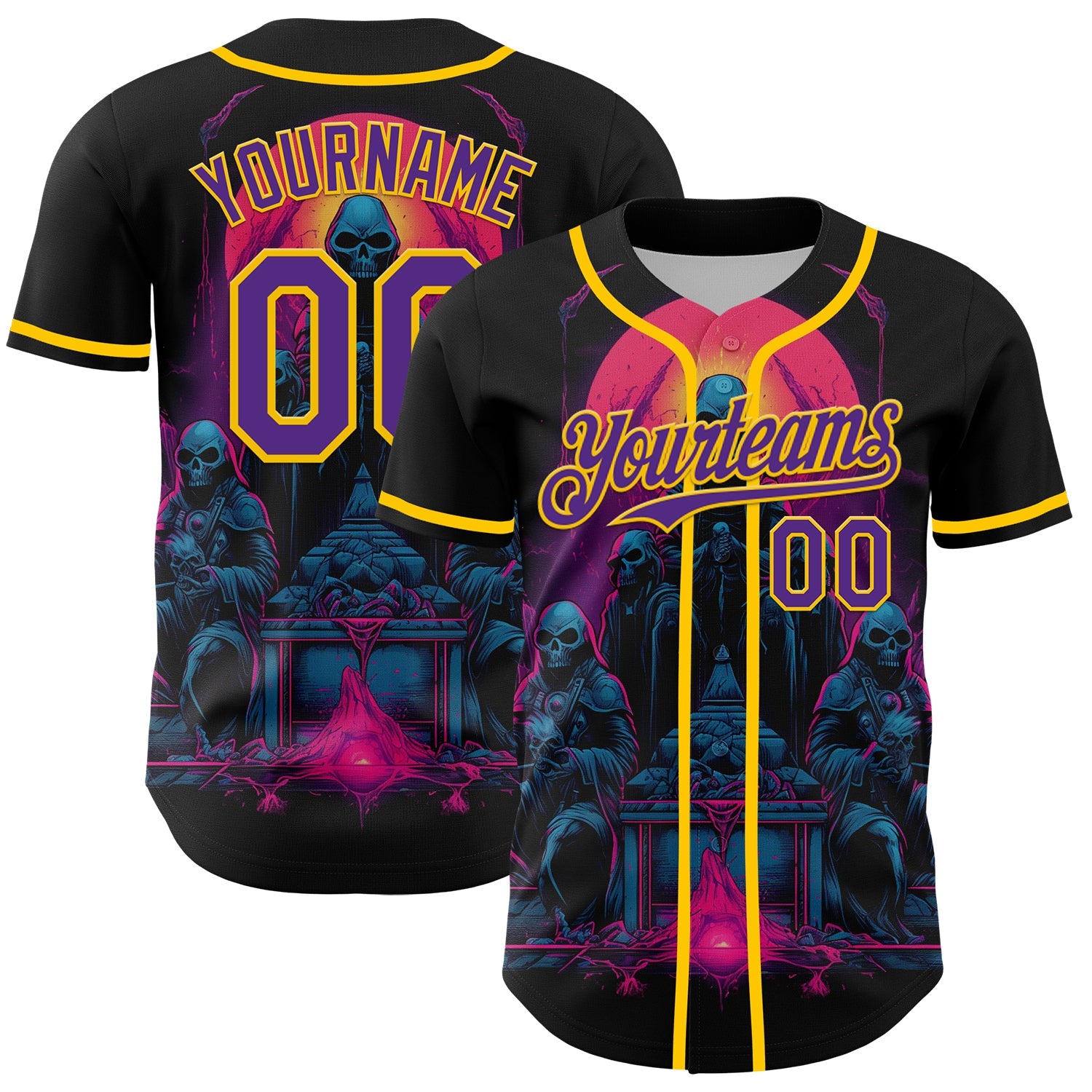 Custom Black Purple-Yellow 3D Pattern Design Rave Skull Authentic Baseball Jersey - Main View