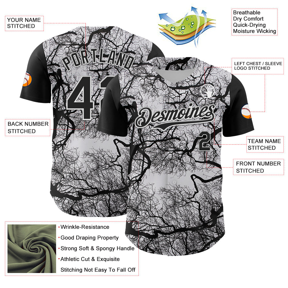 Custom White Black 3D Pattern Design Rave Branch Authentic Baseball Jersey view 3