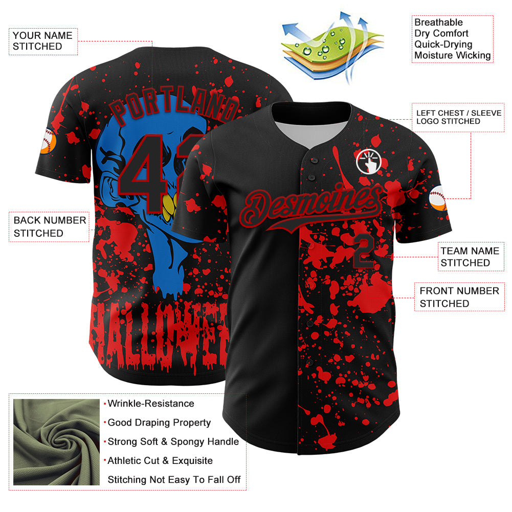 Custom Black Red 3D Pattern Design Rave Halloween Skull Authentic Baseball Jersey view 3