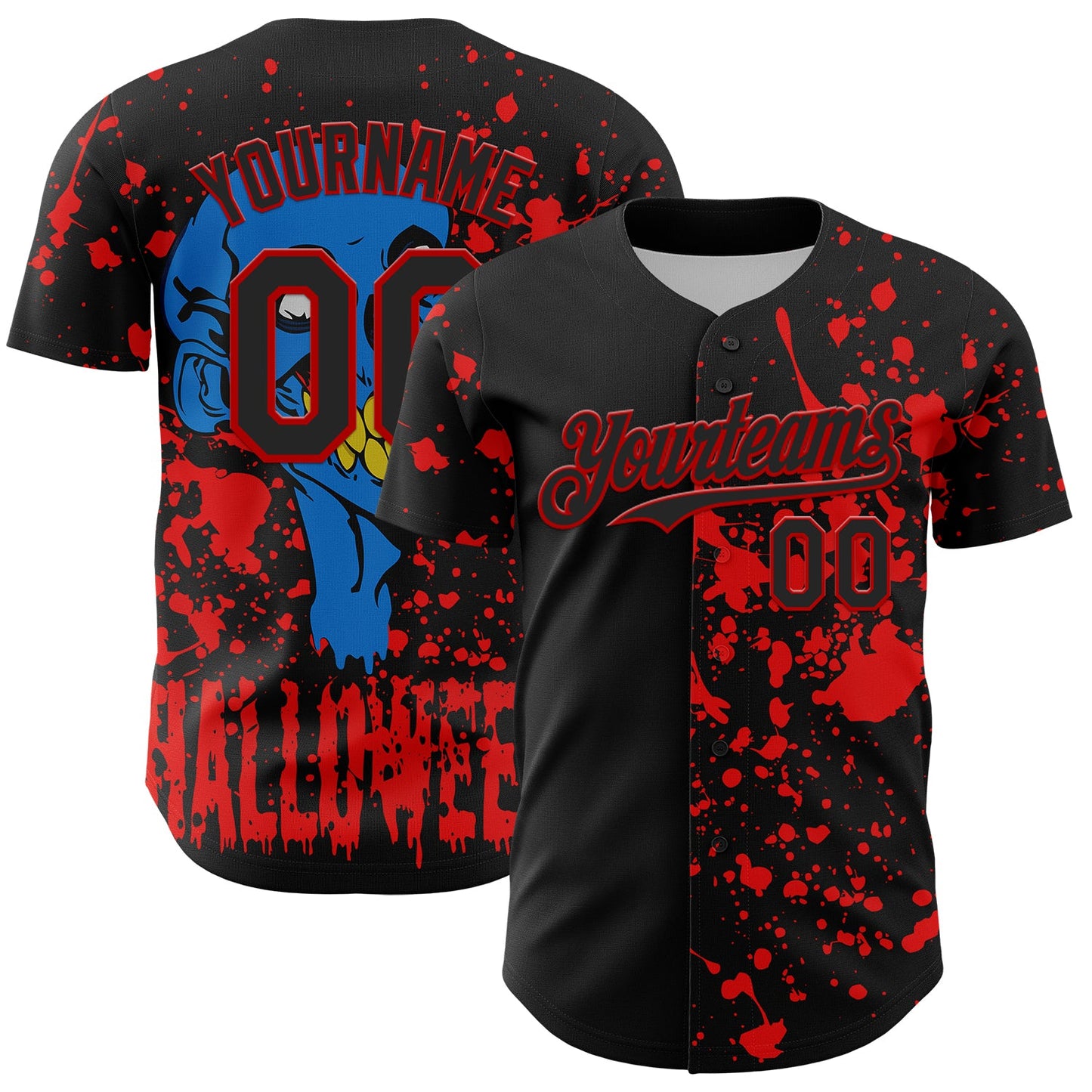 Custom Black Red 3D Pattern Design Rave Halloween Skull Authentic Baseball Jersey - Main View