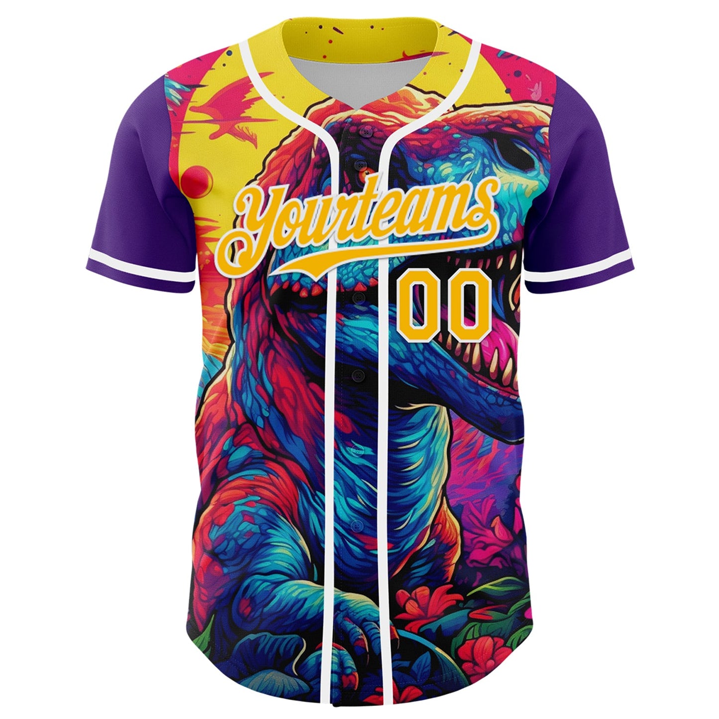 Custom Purple Gold-White 3D Pattern Design Rave T Rex Authentic Baseball Jersey view 2