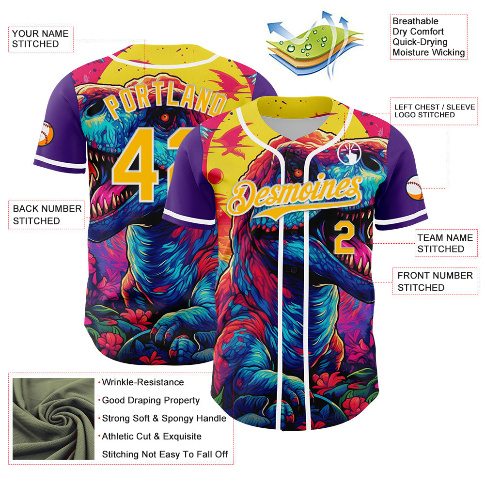 Custom Purple Gold-White 3D Pattern Design Rave T Rex Authentic Baseball Jersey view 3