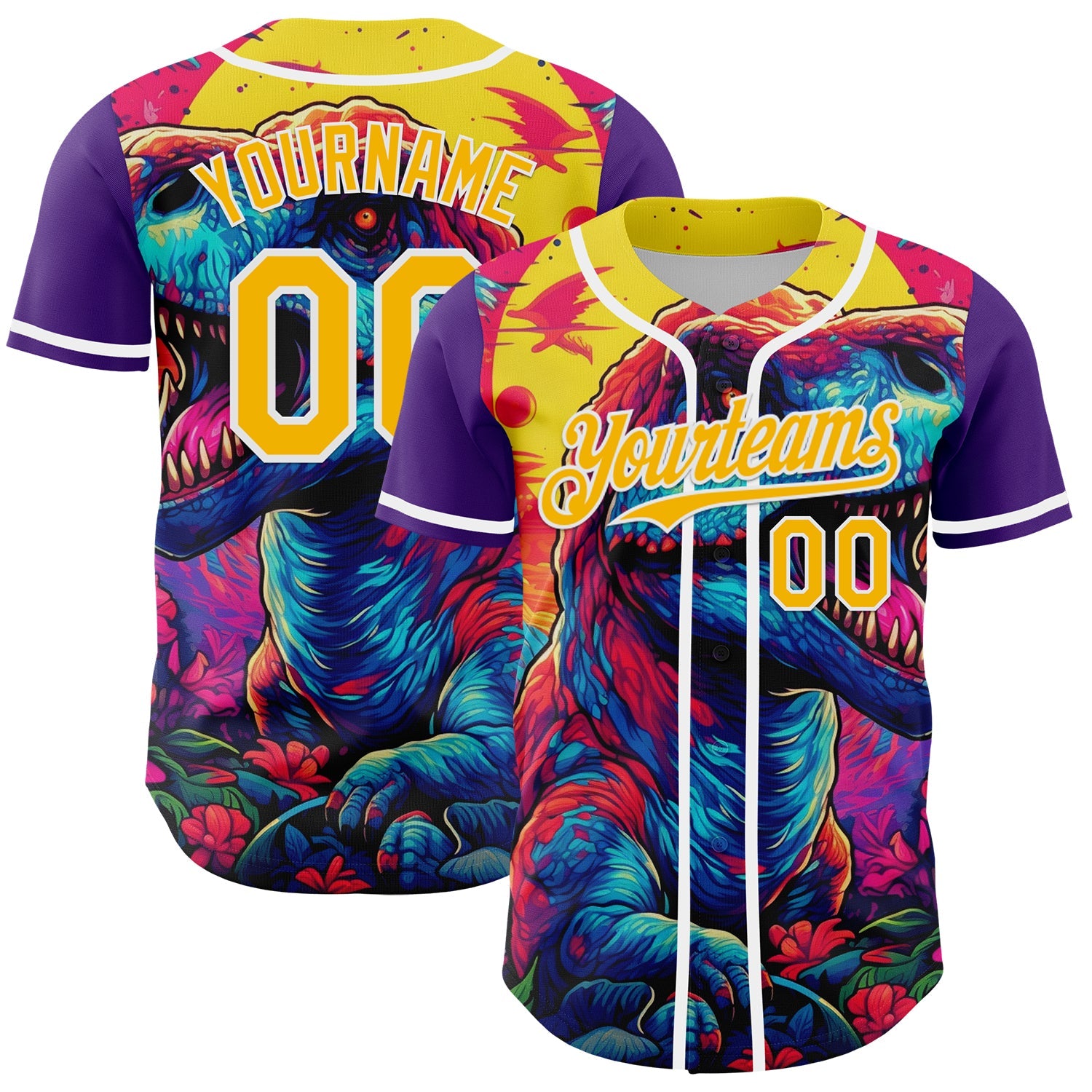 Custom Purple Gold-White 3D Pattern Design Rave T Rex Authentic Baseball Jersey - Main View
