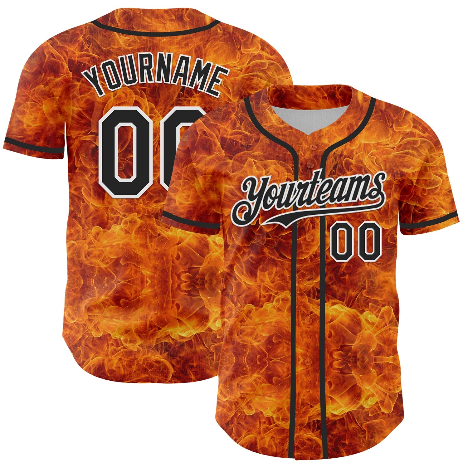 Custom Orange Black-White 3D Pattern Design Rave Flame Authentic Baseball Jersey - Main View