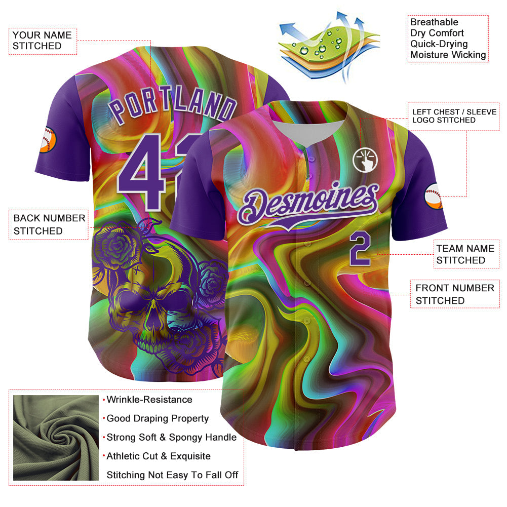 Custom Purple White 3D Pattern Design Rave Psychedelic Liquid And Skull Authentic Baseball Jersey view 3