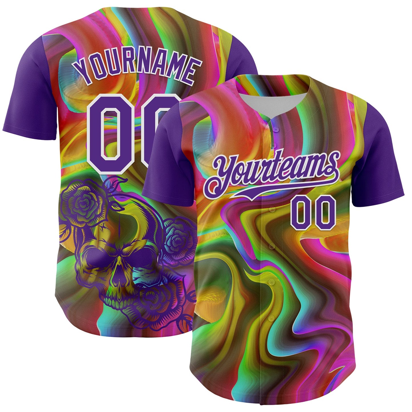 Custom Purple White 3D Pattern Design Rave Psychedelic Liquid And Skull Authentic Baseball Jersey - Main View