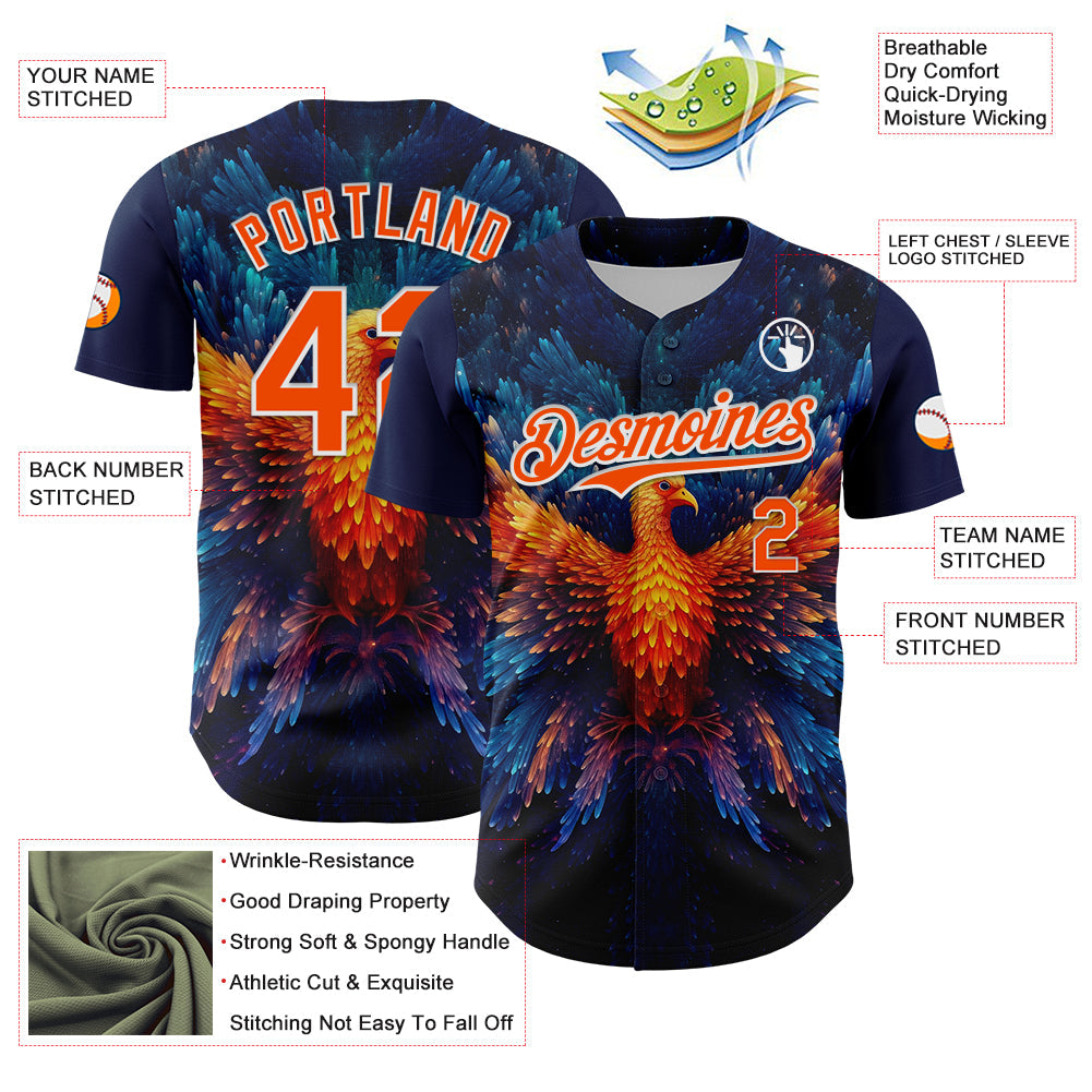 Custom Navy Orange-White 3D Pattern Design Rave Phoenix Authentic Baseball Jersey view 3