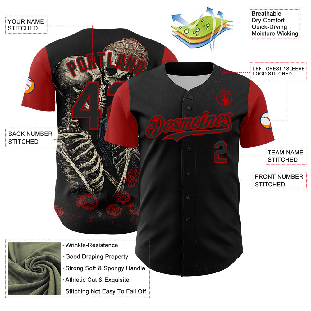 Custom Black Red 3D Pattern Design Rave Gothic Style Authentic Baseball Jersey view 3