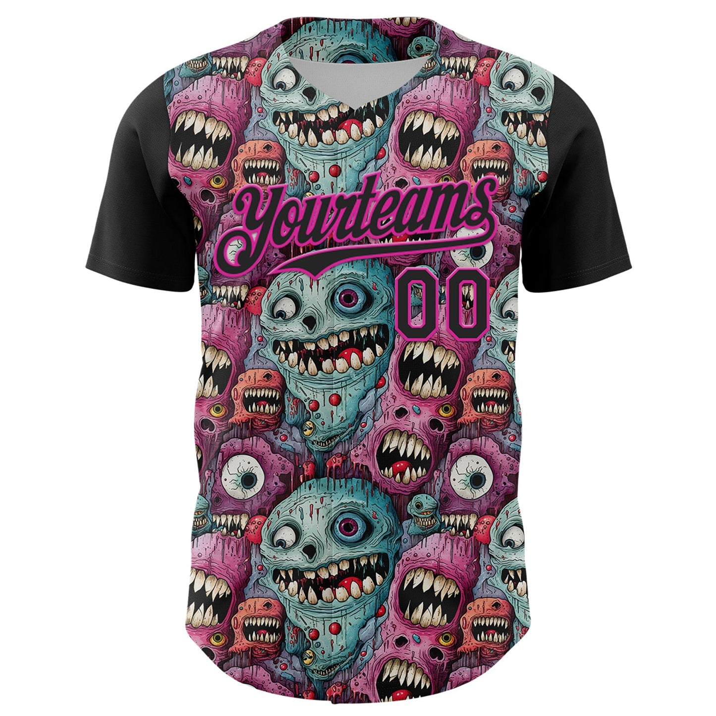 Custom Black Deep Pink 3D Pattern Design Rave Monster Authentic Baseball Jersey view 2