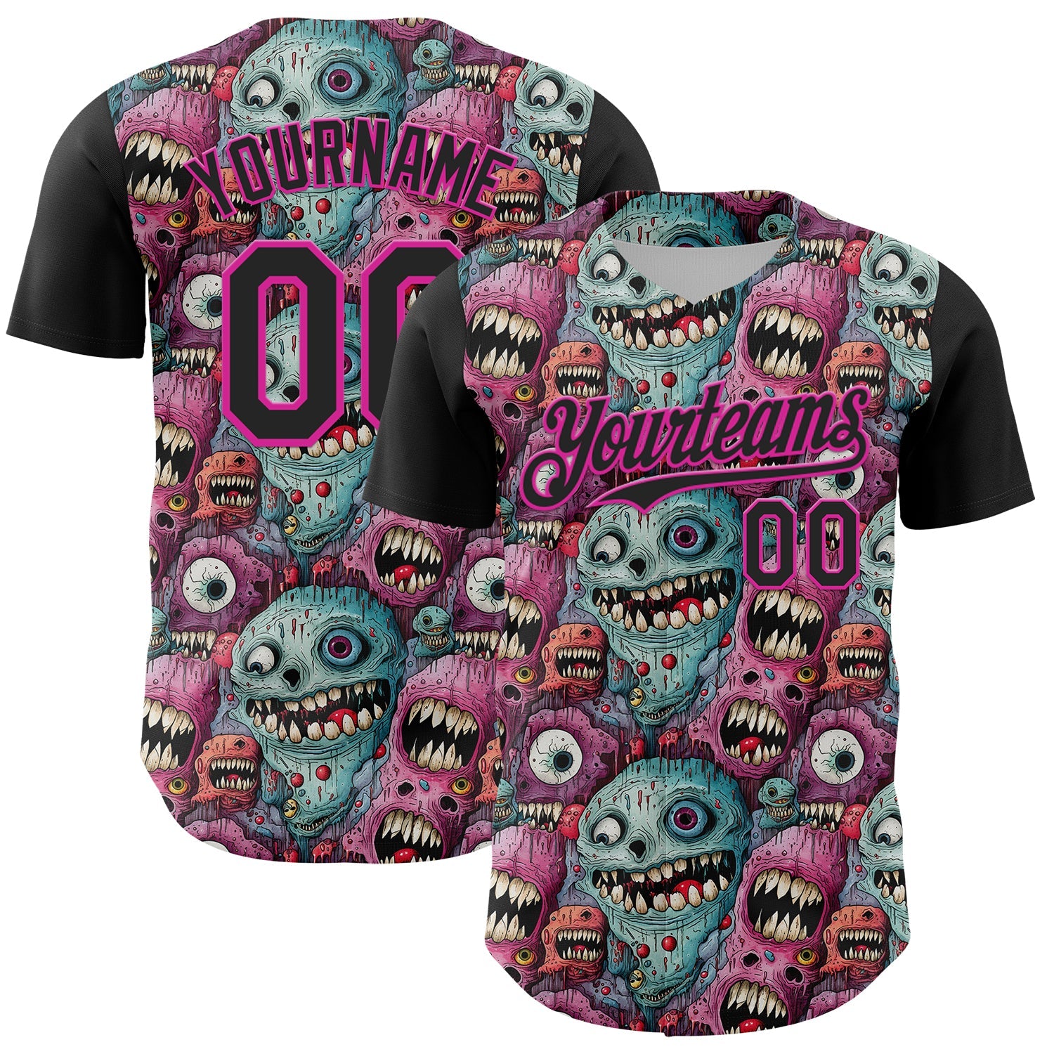 Custom Black Deep Pink 3D Pattern Design Rave Monster Authentic Baseball Jersey - Main View