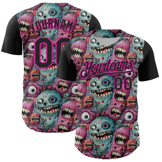 Custom Black Deep Pink 3D Pattern Design Rave Monster Authentic Baseball Jersey - Main View