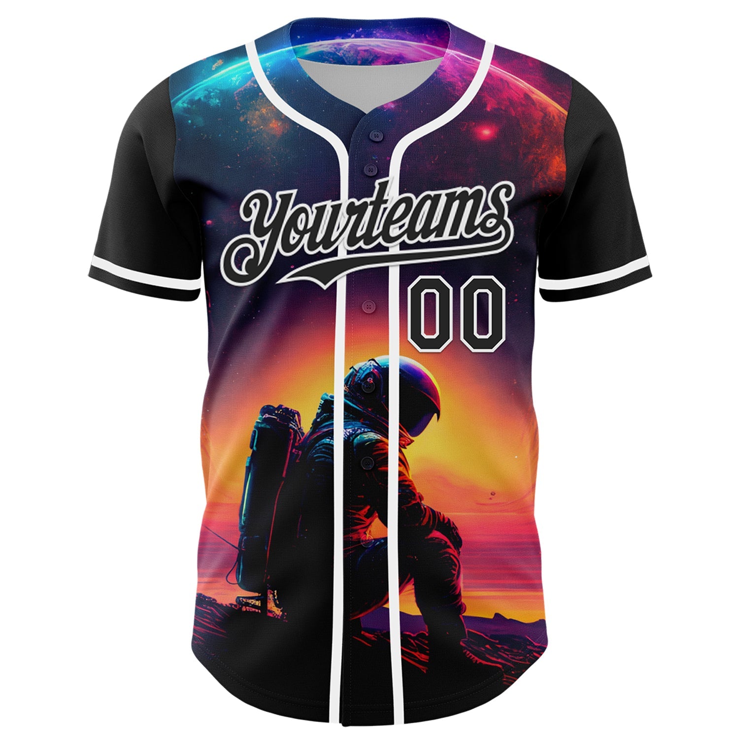 Custom Black White 3D Pattern Design Rave Astronaut Authentic Baseball Jersey view 2