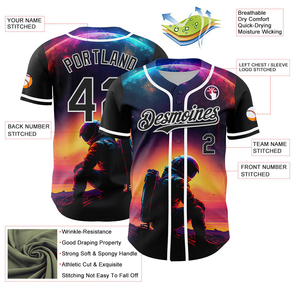 Custom Black White 3D Pattern Design Rave Astronaut Authentic Baseball Jersey view 3