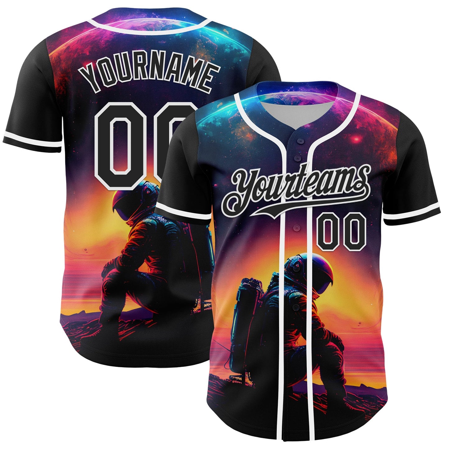 Custom Black White 3D Pattern Design Rave Astronaut Authentic Baseball Jersey - Main View