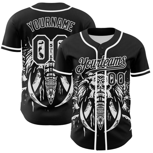 Custom Black White 3D Pattern Design Rave Mastodons Head Authentic Baseball Jersey - Main View