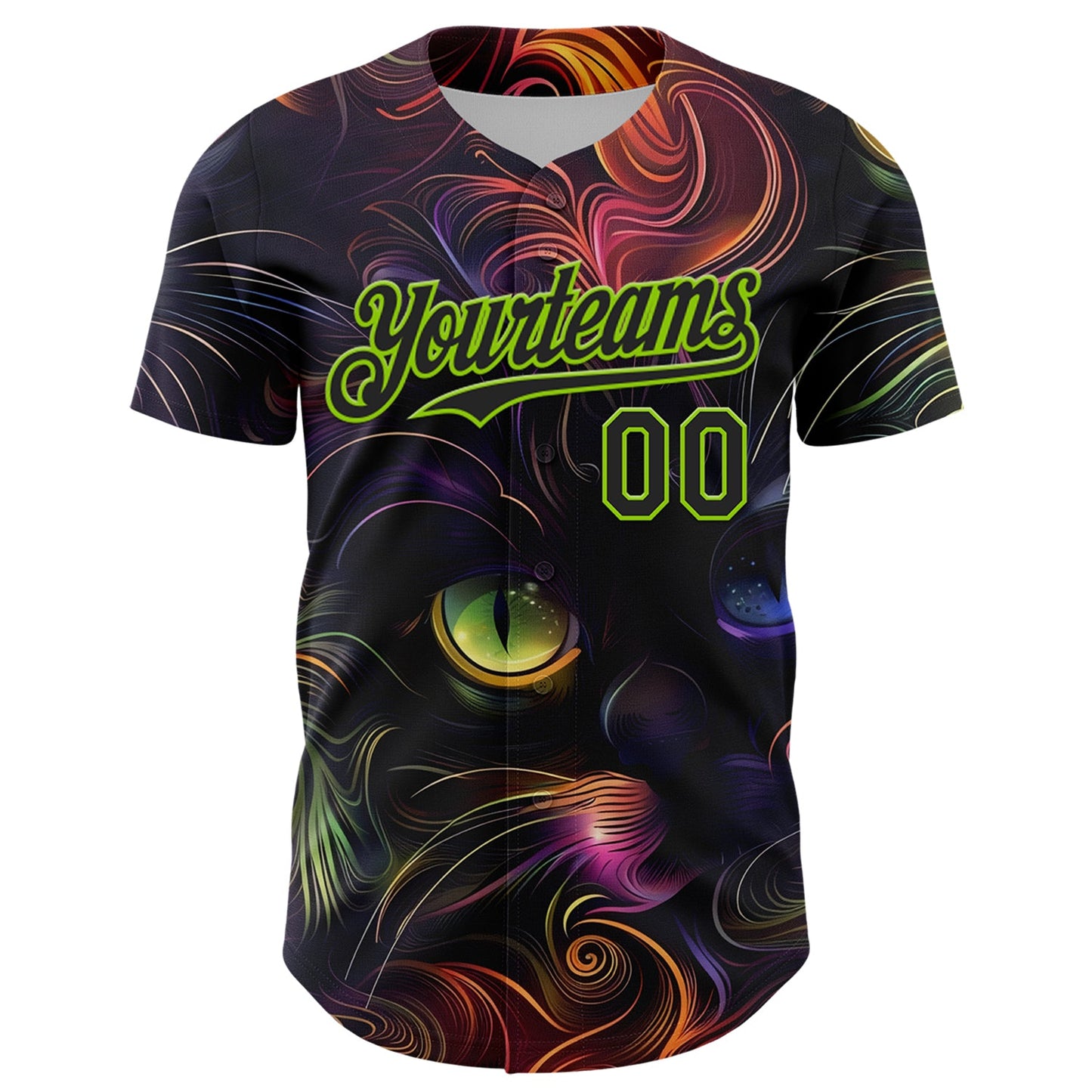 Custom Black Neon Green 3D Pattern Design Rave Animal Cat Authentic Baseball Jersey view 2