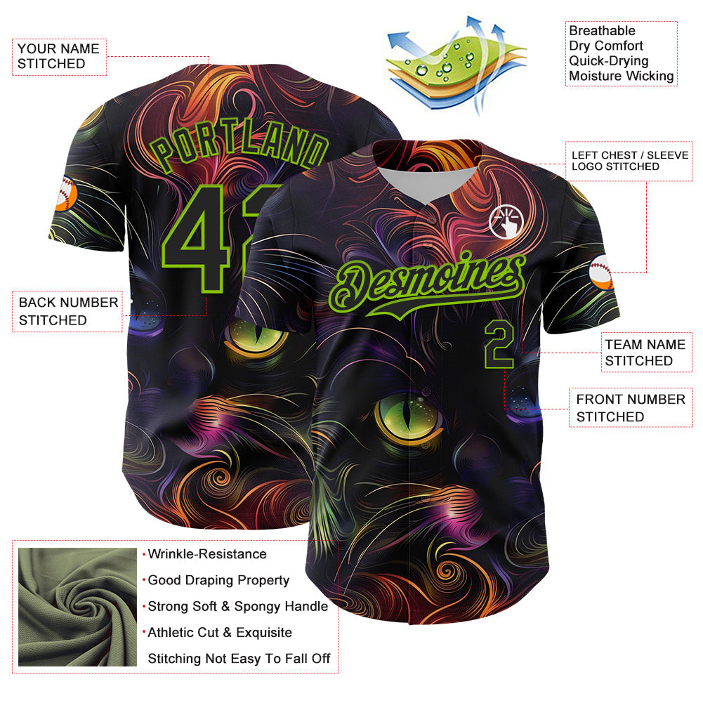Custom Black Neon Green 3D Pattern Design Rave Animal Cat Authentic Baseball Jersey view 3