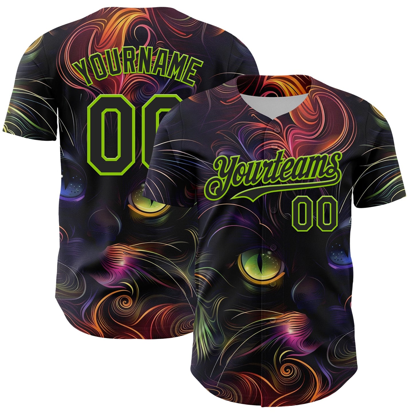 Custom Black Neon Green 3D Pattern Design Rave Animal Cat Authentic Baseball Jersey - Main View