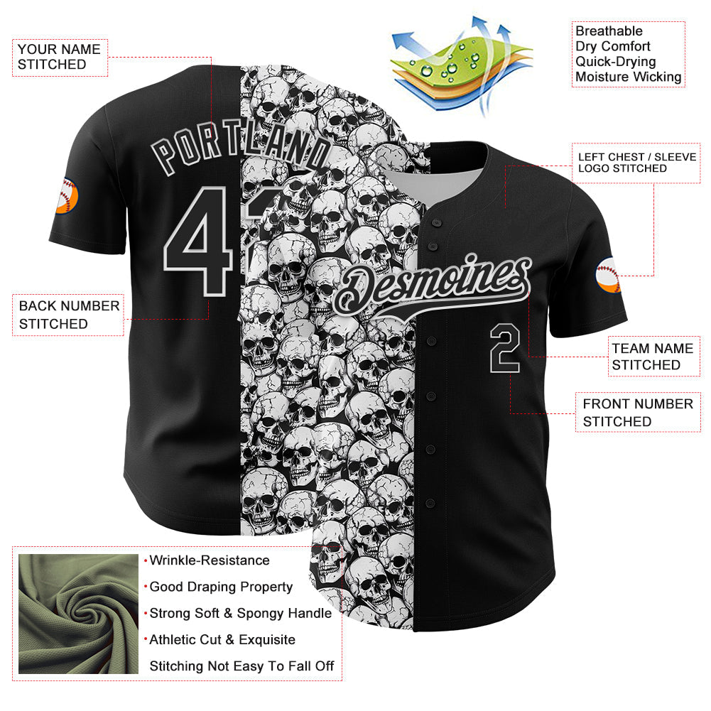 Custom Black White 3D Pattern Design Rave Skull Authentic Baseball Jersey view 3