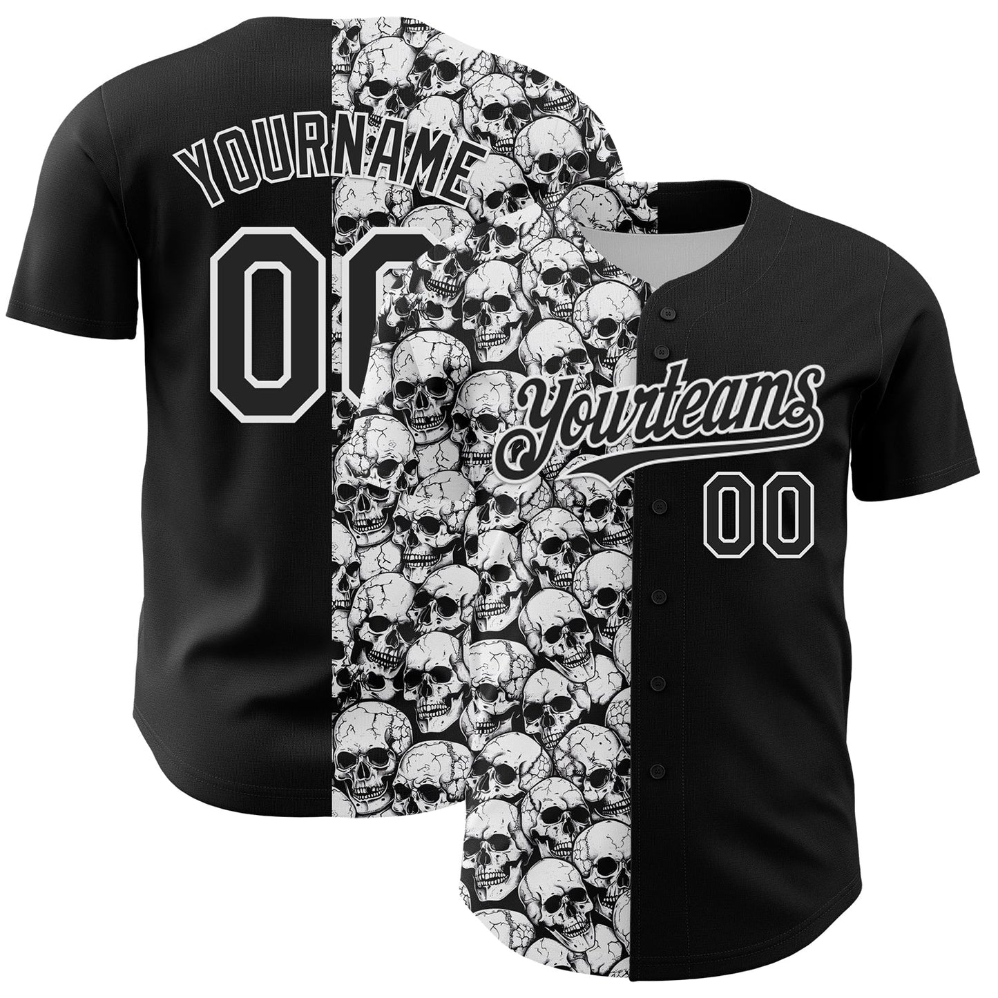 Custom Black White 3D Pattern Design Rave Skull Authentic Baseball Jersey - Main View