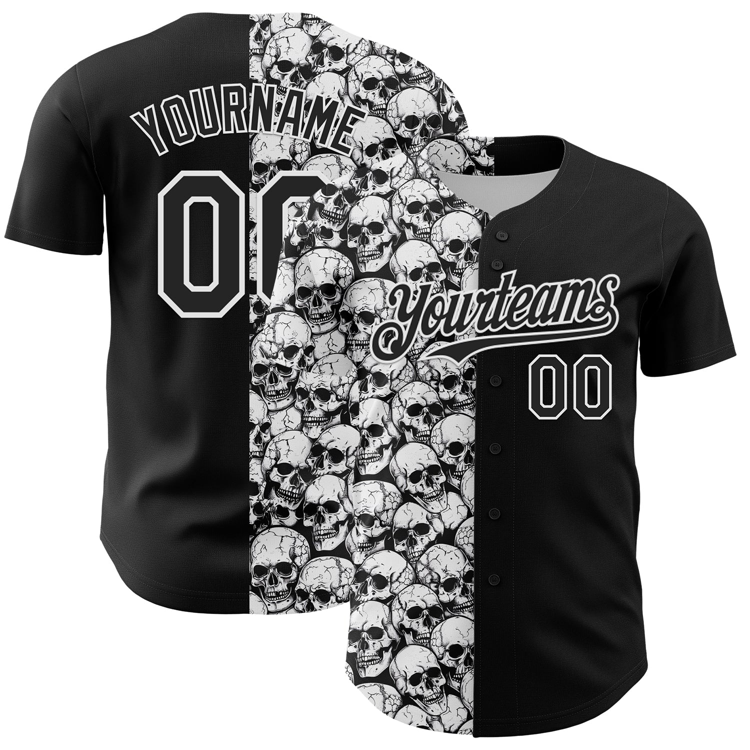 Custom Black White 3D Pattern Design Rave Skull Authentic Baseball Jersey - Main View