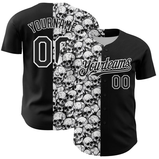 Custom Black White 3D Pattern Design Rave Skull Authentic Baseball Jersey - Main View