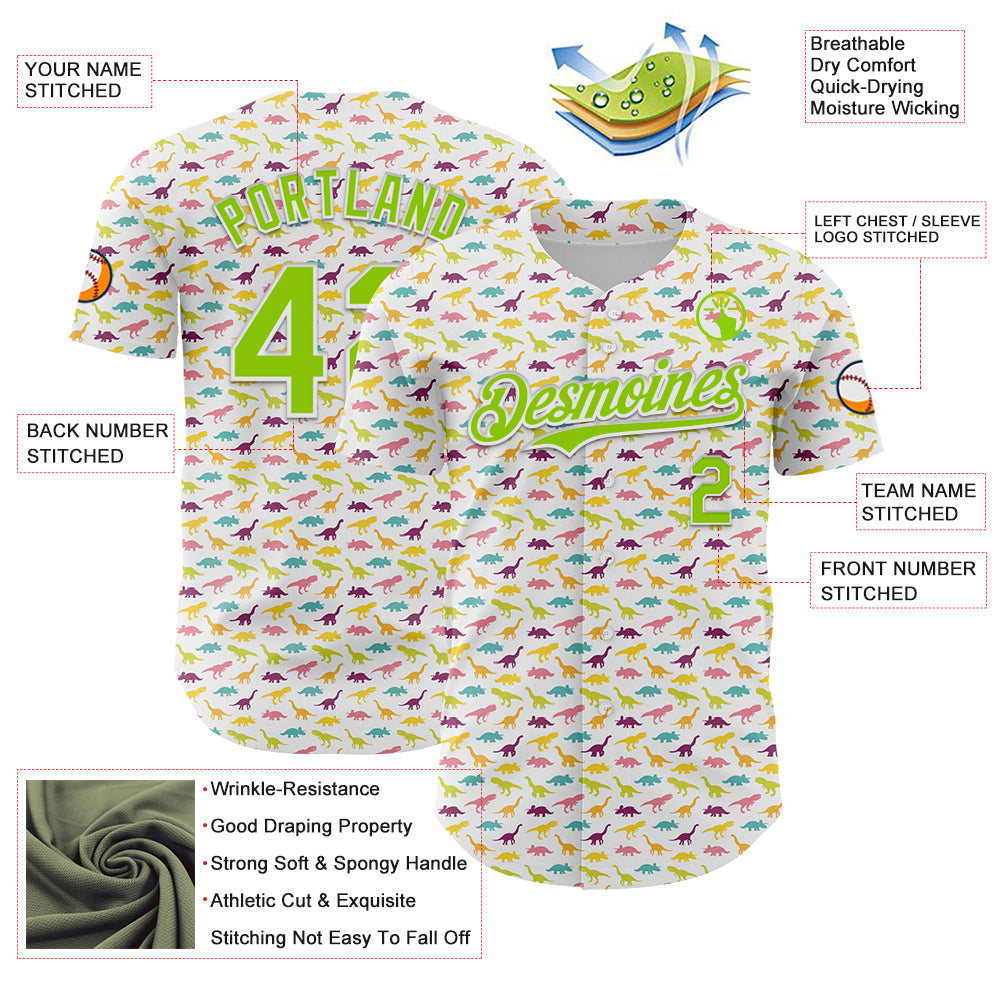 Custom White Neon Green 3D Pattern Design Animal Dinosaur Authentic Baseball Jersey view 3