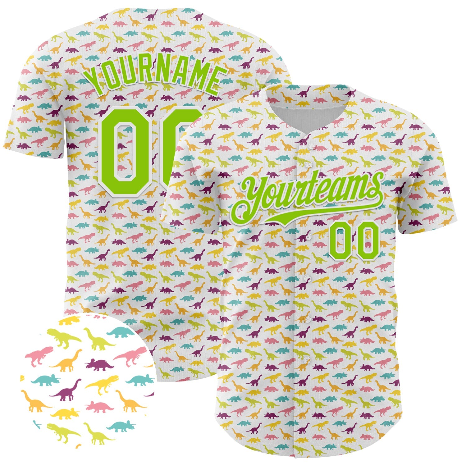 Custom White Neon Green 3D Pattern Design Animal Dinosaur Authentic Baseball Jersey - Main View