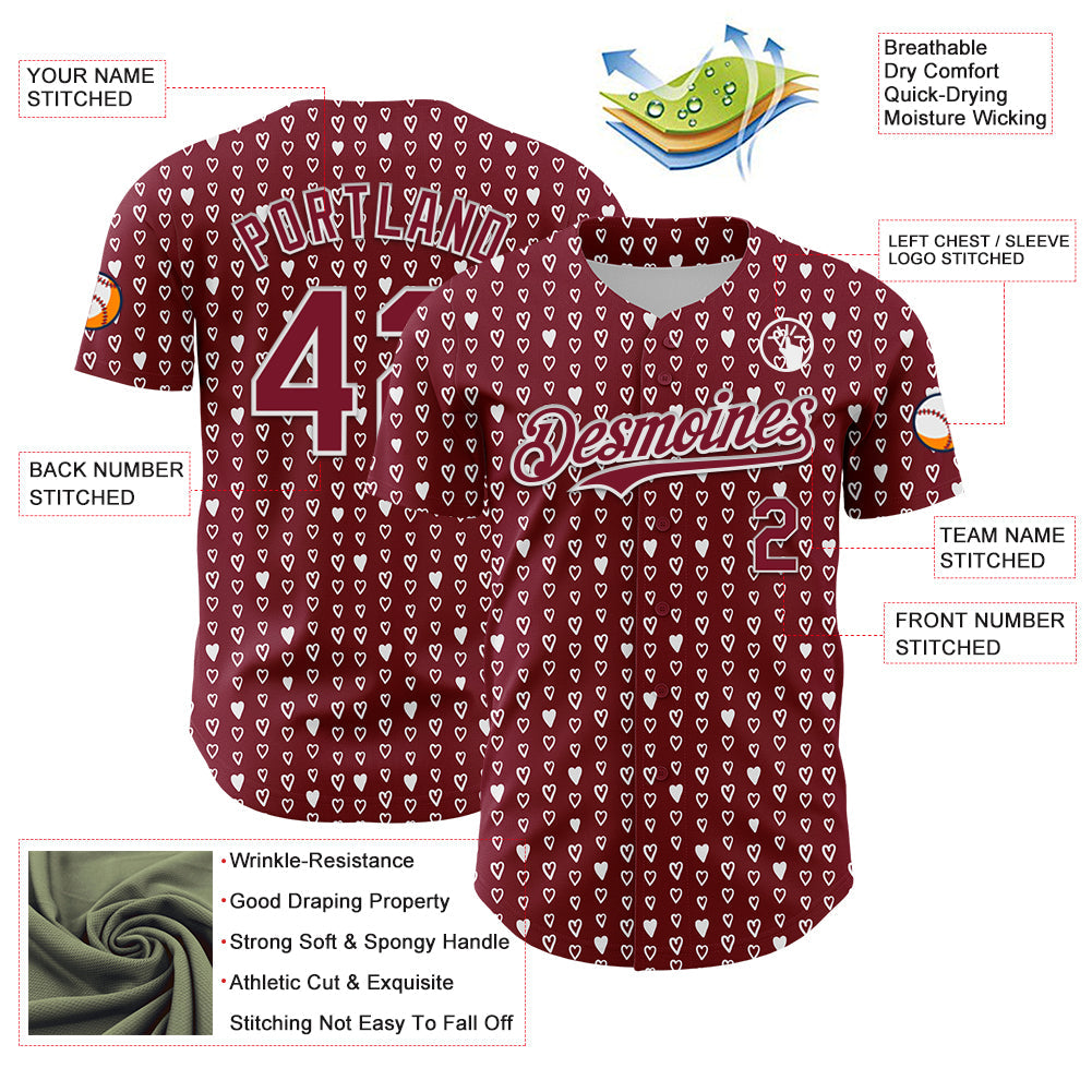 Custom Crimson White 3D Pattern Design Hearts Authentic Baseball Jersey view 3