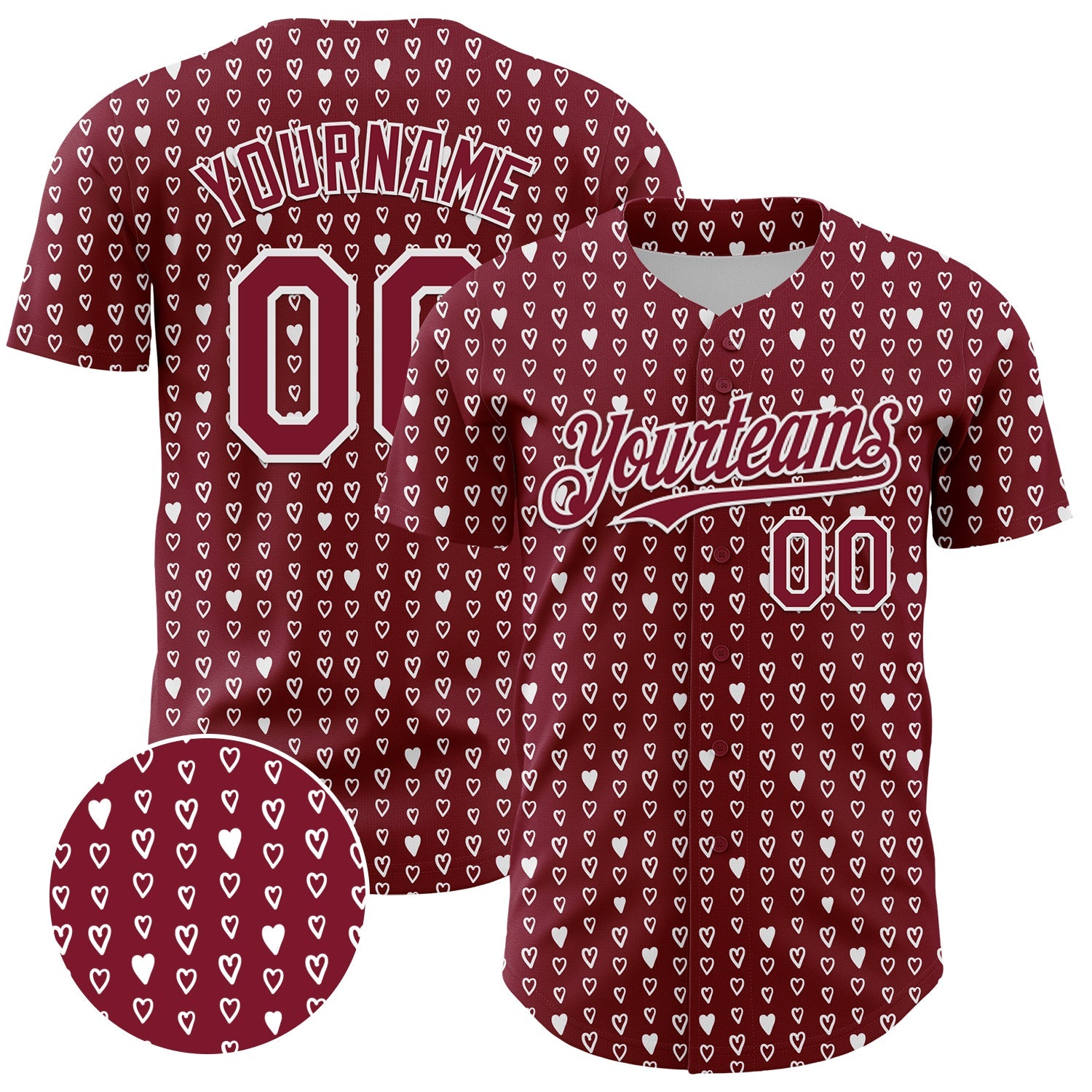 Custom Crimson White 3D Pattern Design Hearts Authentic Baseball Jersey - Main View