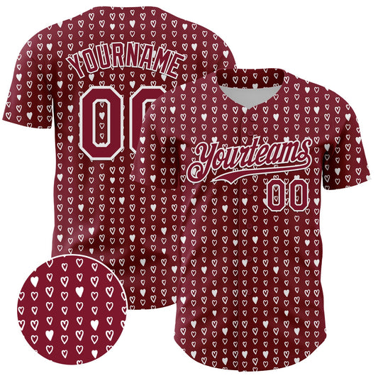 Custom Crimson White 3D Pattern Design Hearts Authentic Baseball Jersey - Main View