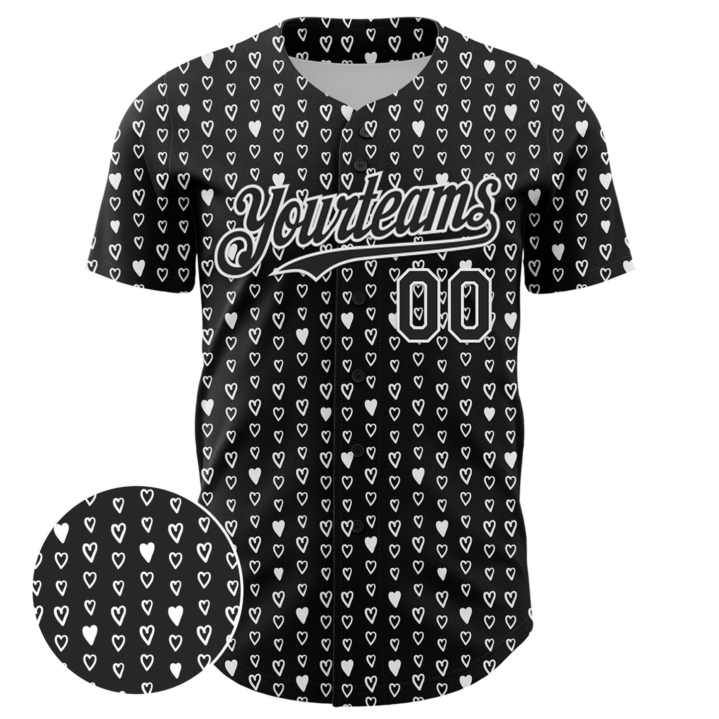 Custom Black White 3D Pattern Design Hearts Authentic Baseball Jersey view 2