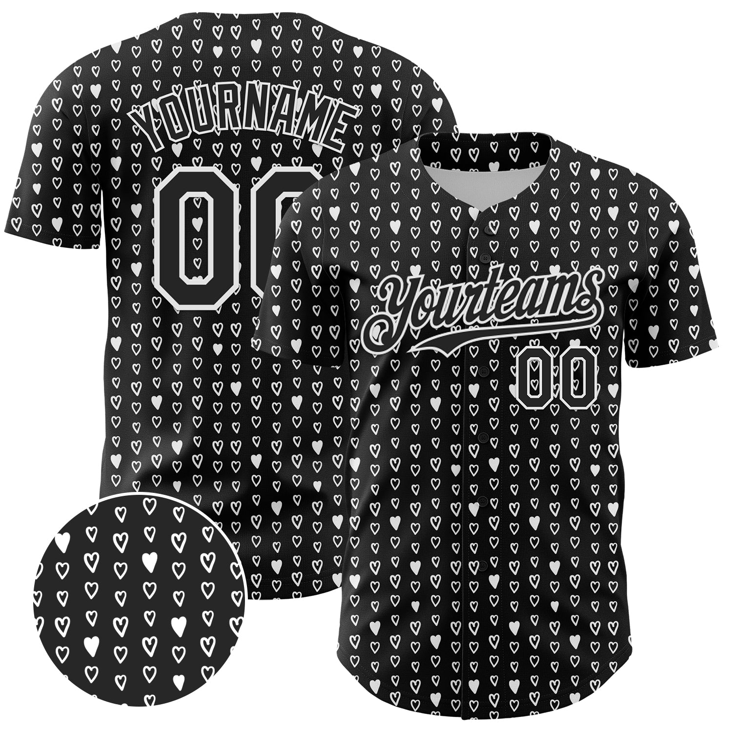 Custom Black White 3D Pattern Design Hearts Authentic Baseball Jersey - Main View