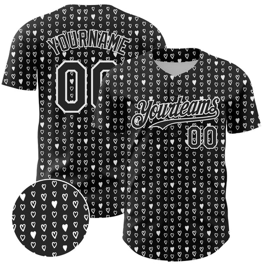 Custom Black White 3D Pattern Design Hearts Authentic Baseball Jersey - Main View