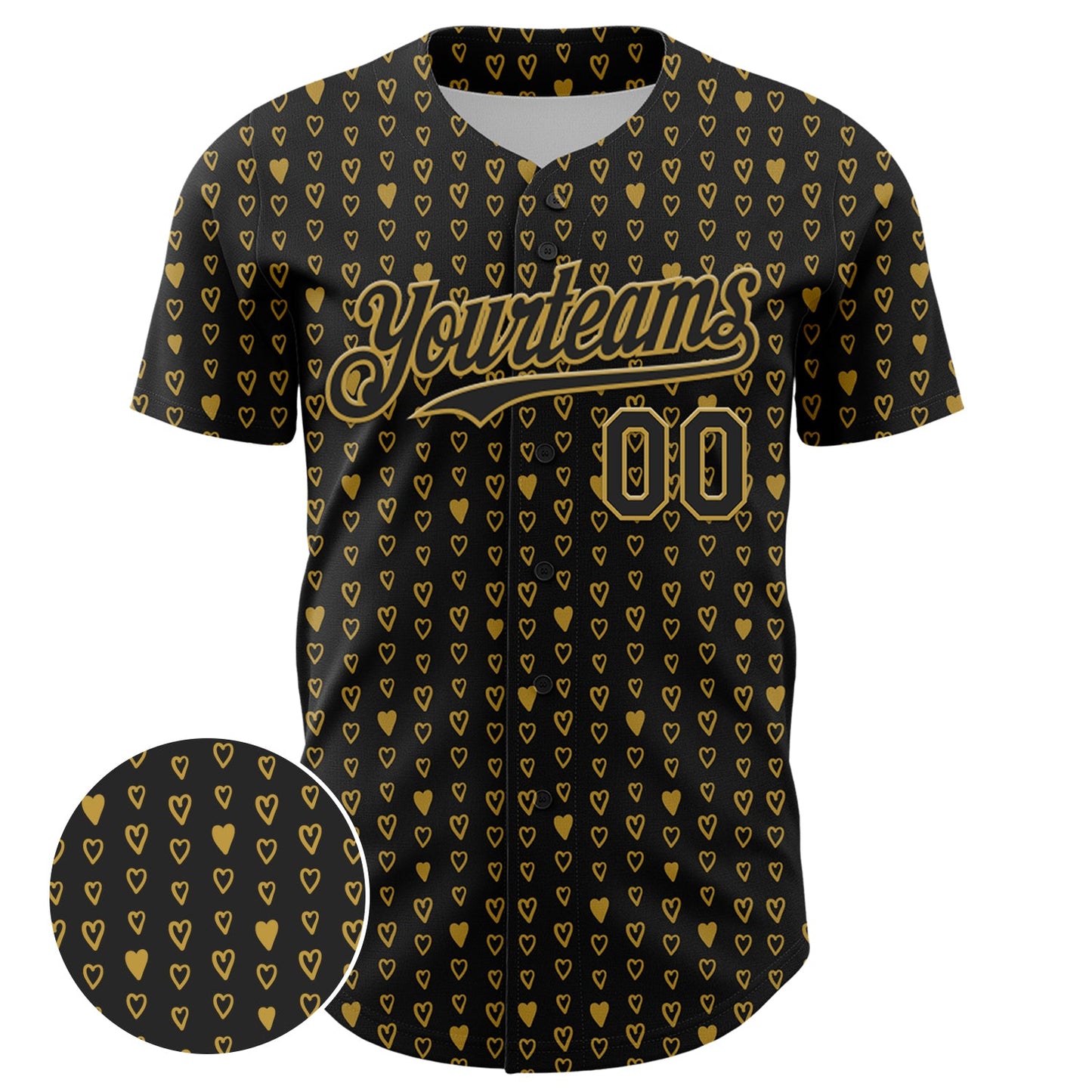 Custom Black Old Gold 3D Pattern Design Hearts Authentic Baseball Jersey view 2