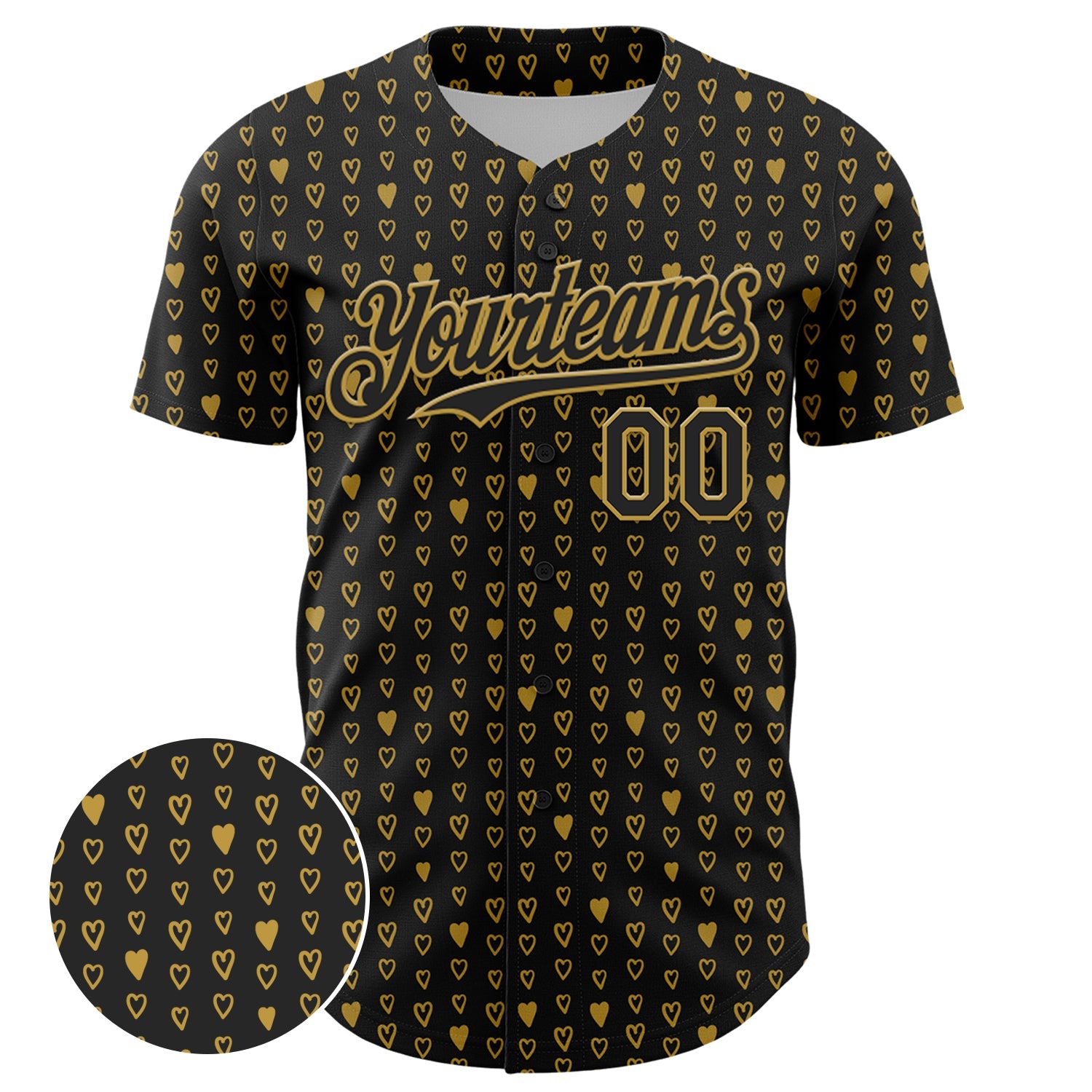 Custom Black Old Gold 3D Pattern Design Hearts Authentic Baseball Jersey view 2