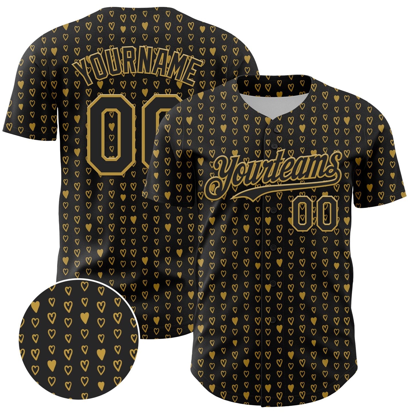 Custom Black Old Gold 3D Pattern Design Hearts Authentic Baseball Jersey - Main View