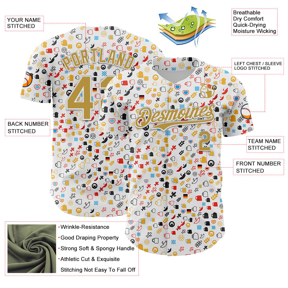 Custom White Old Gold 3D Pattern Design Beer Festival Authentic Baseball Jersey view 3